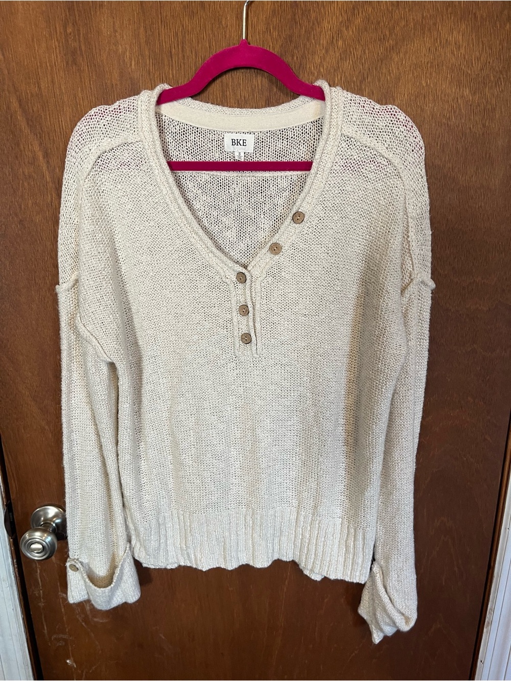 BKE Women's Cream Button-Front V-Neck Knit Sweater